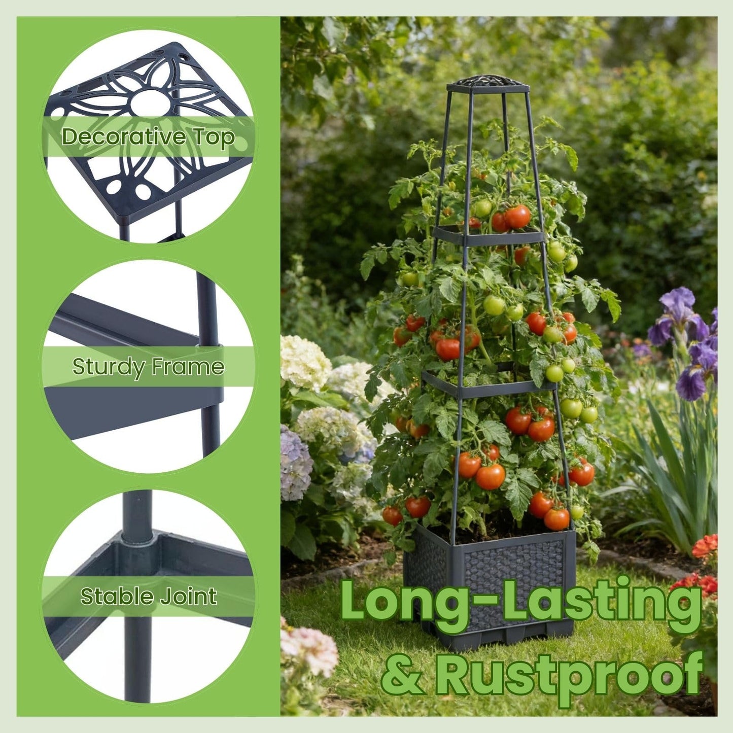 2 Pack Raised Garden Bed Tomato Planter with Trellis - 45" Self Watering Planters Box with Trapezoidal Trellis for Climbing Plants Vegetables Flowers - Tomato Cages for Greenhouse Indoor Outdoor