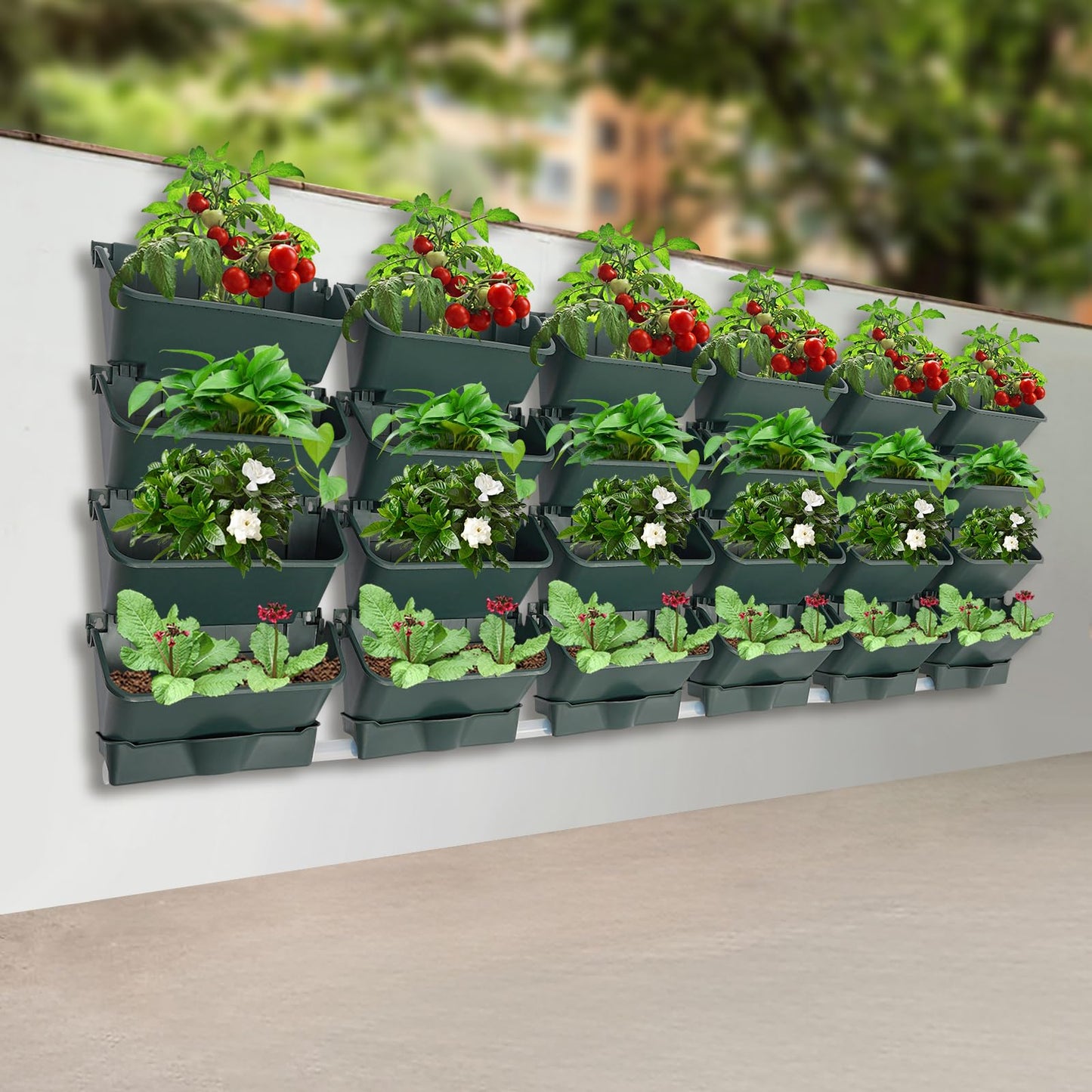 Liffshsy Hanging Vertical Wall Planter, Stackable Wall-Mounted Planter Indoor Outdoor with 6 Drainage Pot 18 Plastic Pot 6.56ft Drainage Pipe Vegetable Hanging Pocket Holder Flowerpot(Army Green 24)