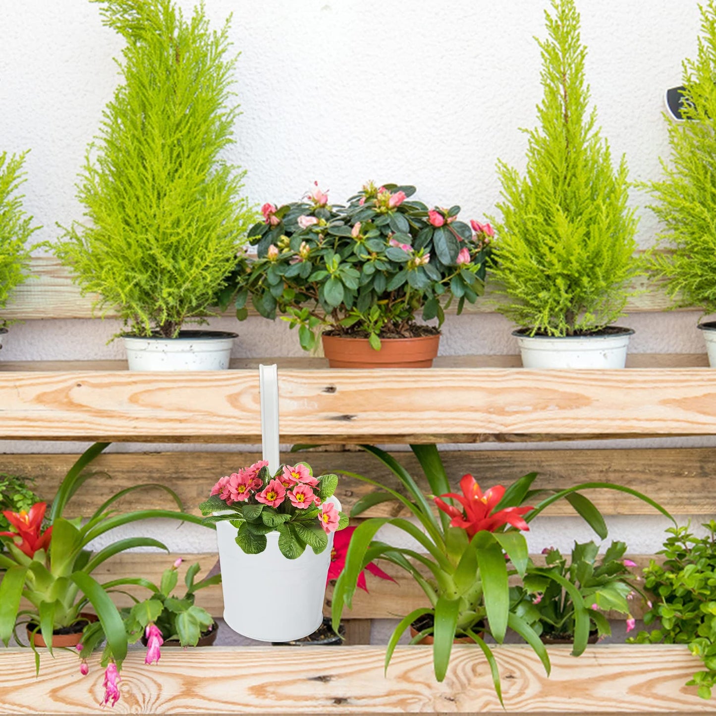 KINGLAKE Flower Pots,10 Pcs Metal Iron Hanging Flower Plant Pots Balcony Garden Plant Planter Baskets Fence Bucket Pot 4'' Flower Holders with Detachable Hook White