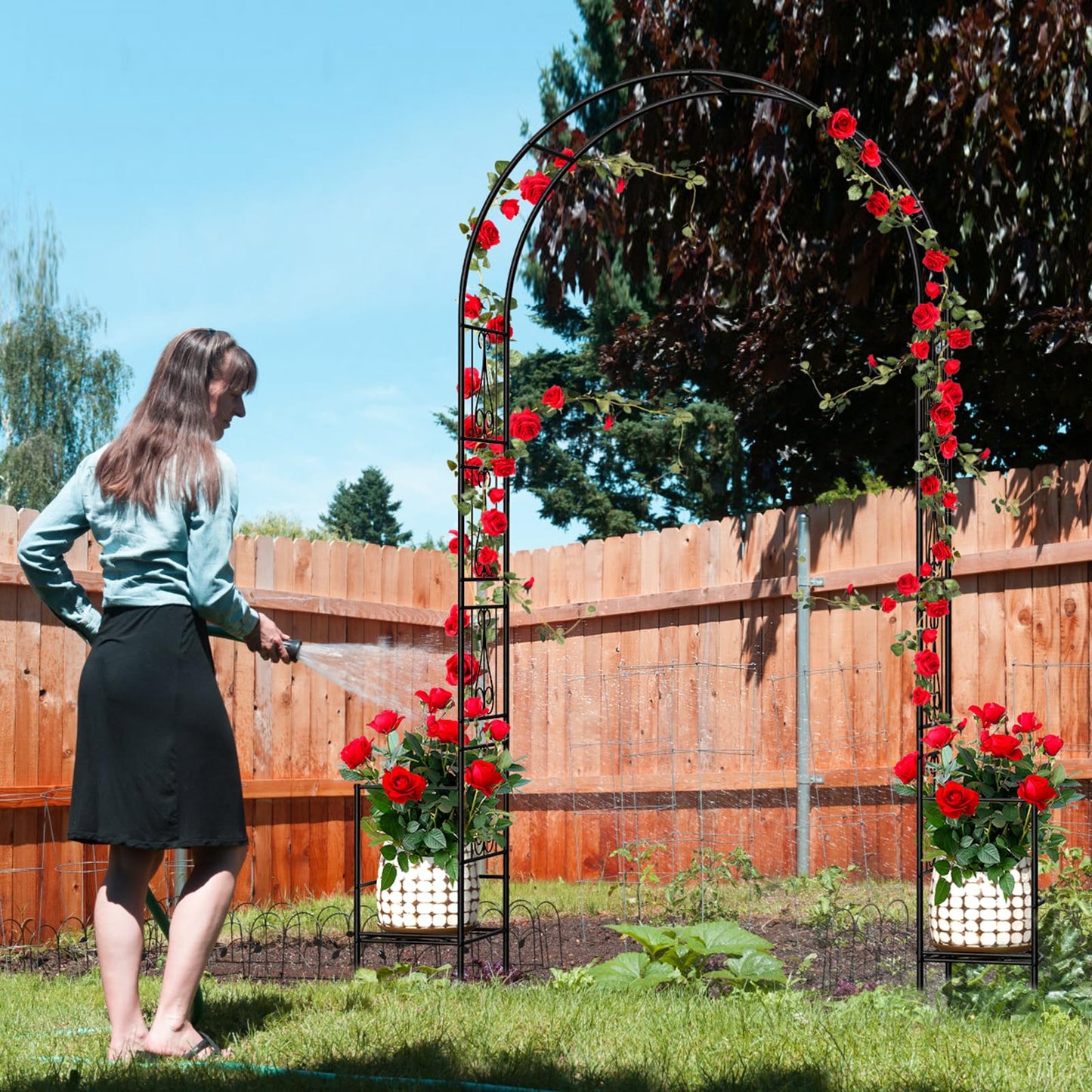 Skcoipsra Garden Arch Arbor with Planter Boxes,Metal Trellis for Climbing Plants Outdoor, Wedding Arch Archway for Ceremony Party Decorations Pergola for Backyard, Lawn, Patio, Yard