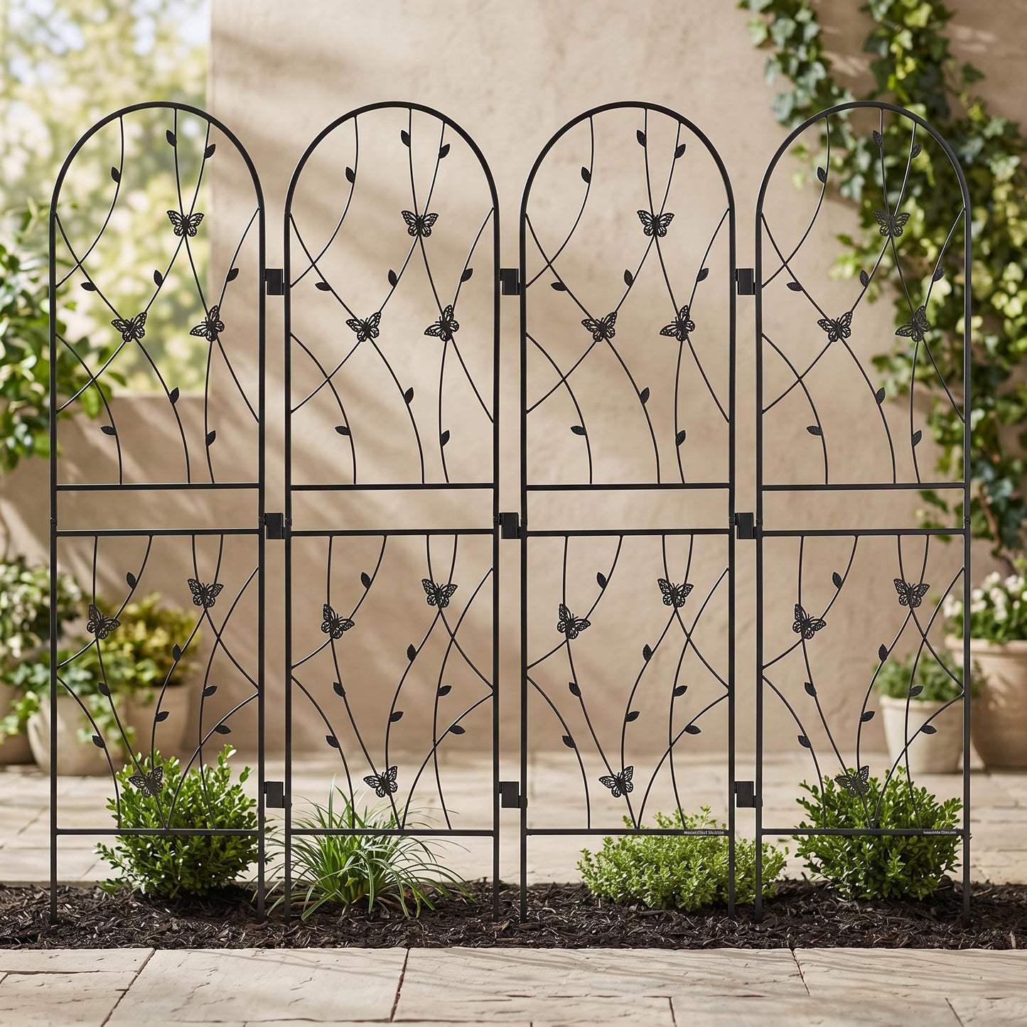 Wooakway 4 Pack Metal Garden Trellis, 71" x 19.7" Rustproof Decorative Plant Support with Butterfly Design for Outdoor Climbing Plants, Heavy Duty Flower Trellis for Roses, Yard Privacy Screen, Black