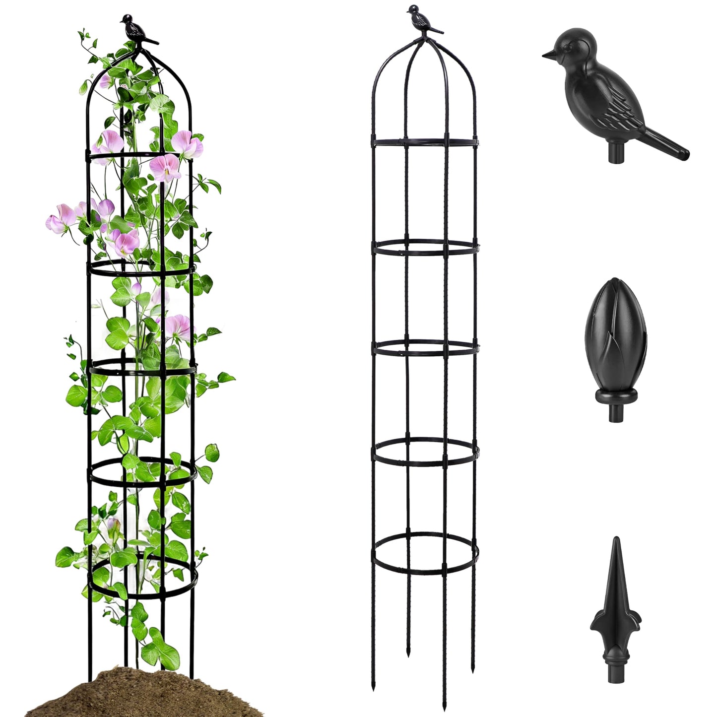 SORANGEUN 1 Pack Garden Obelisk Trellis for Climbing Plants Outdoor, 6.7FT Adjustable Metal Plant Support with 3 Decorative Tops, Black Rustproof Trellis for Roses, Tomatoes, Clematis & Vines