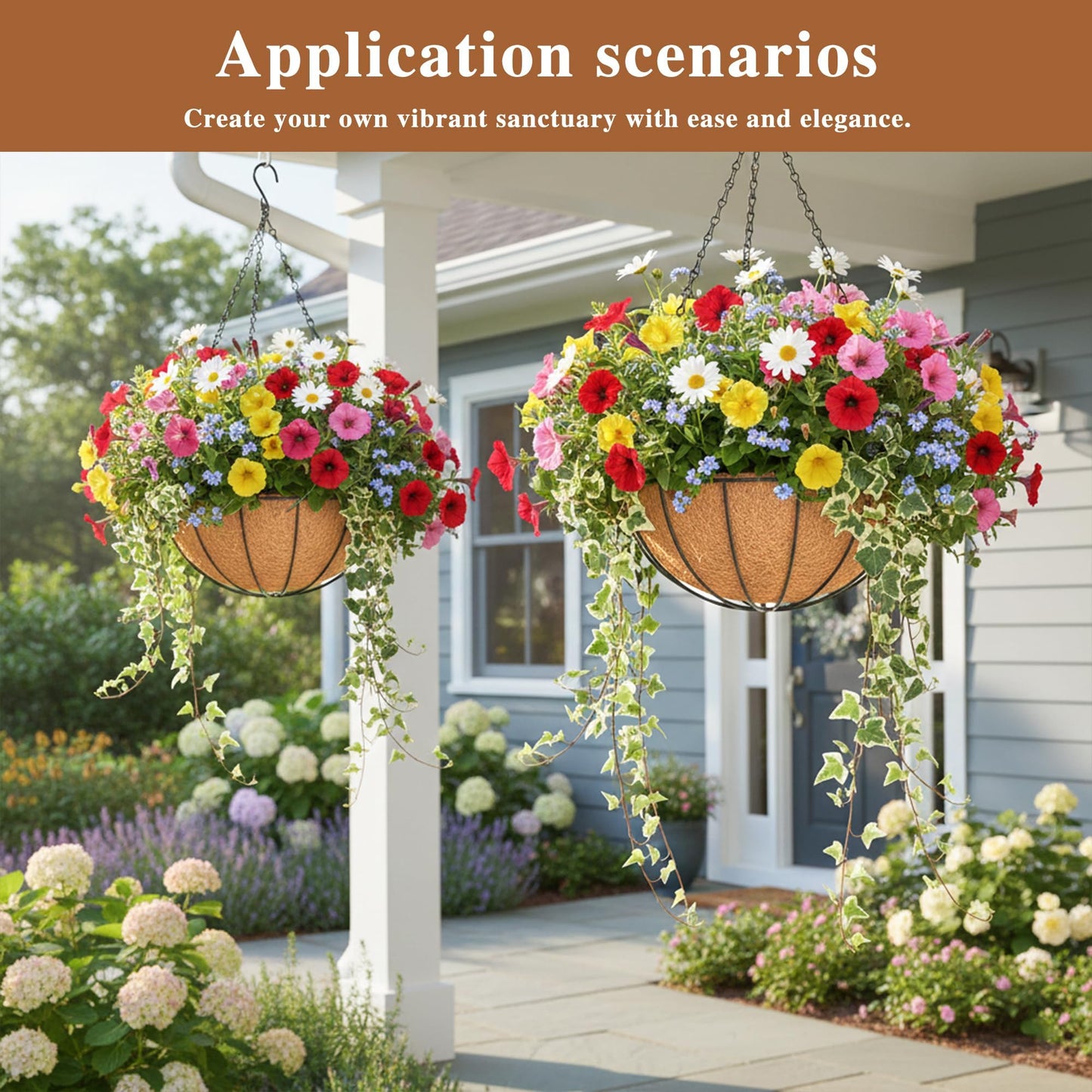 4 Pack Hanging Planter for Outdoor Plants 14 inch Metal Hanging Flower Basket with Coco Coir Liner Round Wire Plant Holder Chain Flower Pots Outdoor Garden Decoration Watering Hanging Baskets(XG)