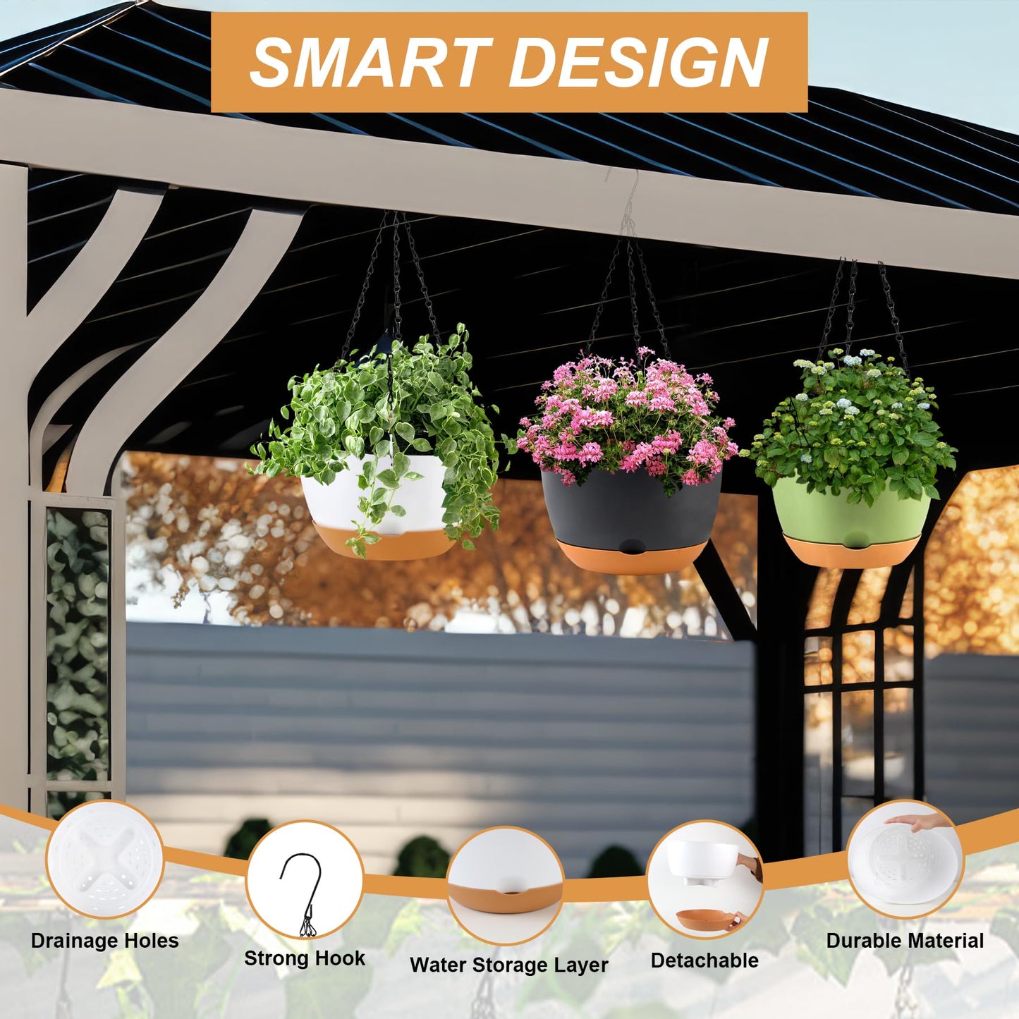 KPUVX 10 inch Hanging Planters for Indoor Outdoor Plants with Self-Watering Pots, 3 Pack Plastic Hanging Basket with Removable Tray for Home Garden Porch Balcony Patio Decor(White+Black+Green)