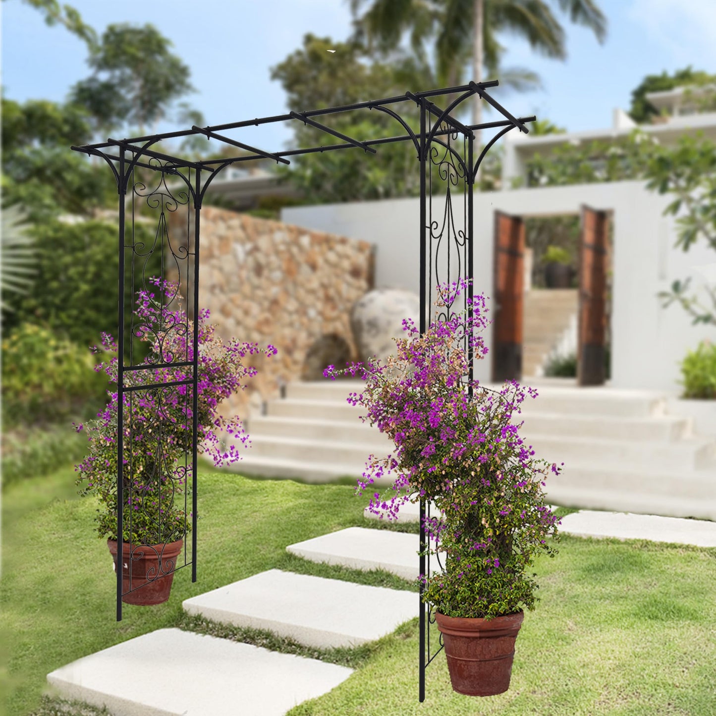 EPOFIT Metal Garden Arch, Garden Arch Trellis for Climbing Plants Outdoor, Garden Arbor for Weddings Party Events Decoration, 80" L X 20.5" W X 81" H, Black