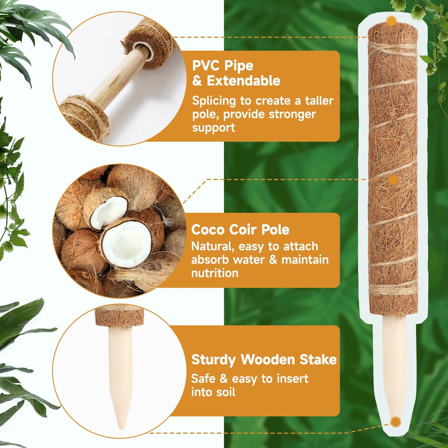 KINGLAKE Moss Pole for Plants 51.1 Inch Monstera Plant Support for Climbing Plants 4 Pcs 15.7 Inch Stackable Moss Pole Plant Stakes for Indoor Plants with Plant Tape, Jute Rope & Twist Ties
