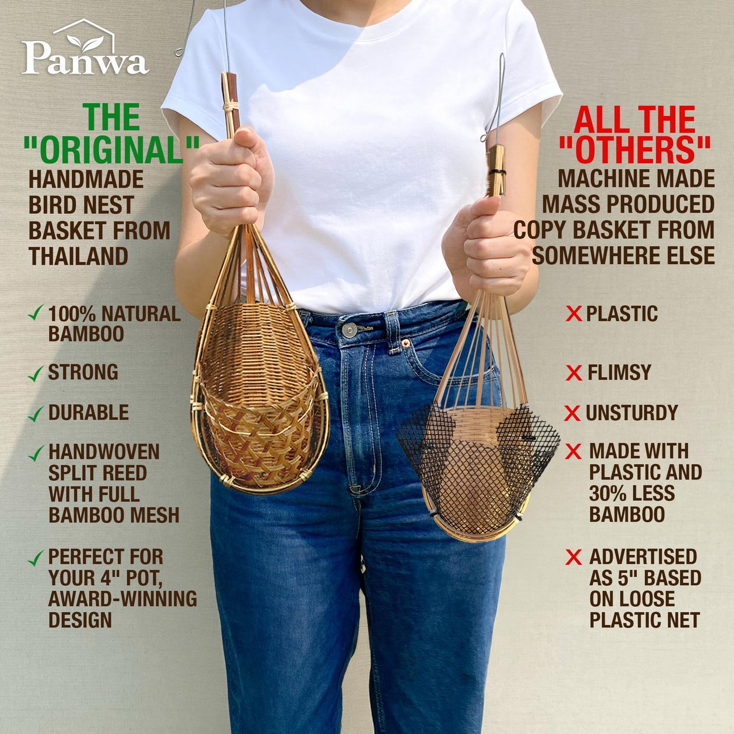 PANWA Handmade 100% Thai Bamboo Hanging Orchid Basket – 4 Inch Set of 6