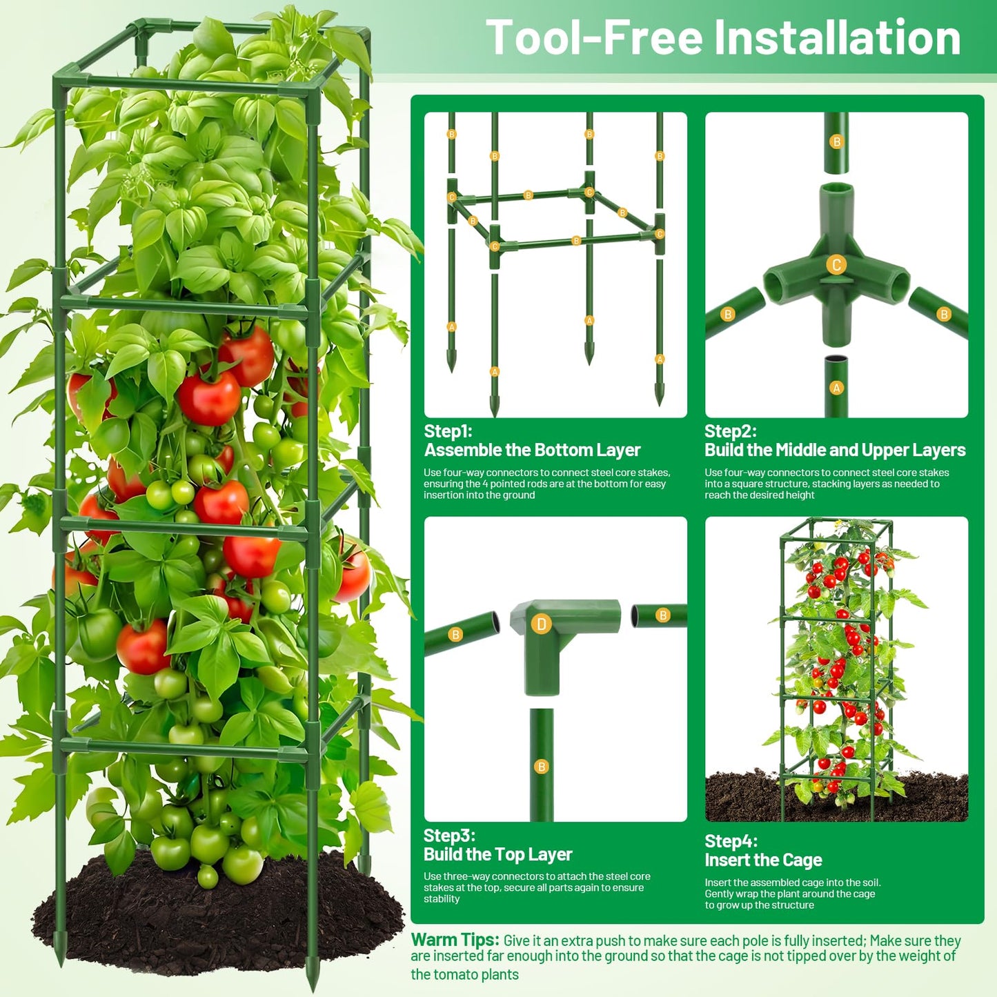 Legigo 4 Pack Square Tomato Cages- 60 Inch Heavy Duty Tomato Trellis for Climbing Plants Outdoor, Tomato Plant Support Stakes Cage Garden Trellis for Garden Raised Garden Bed Cucumbers Vegetables