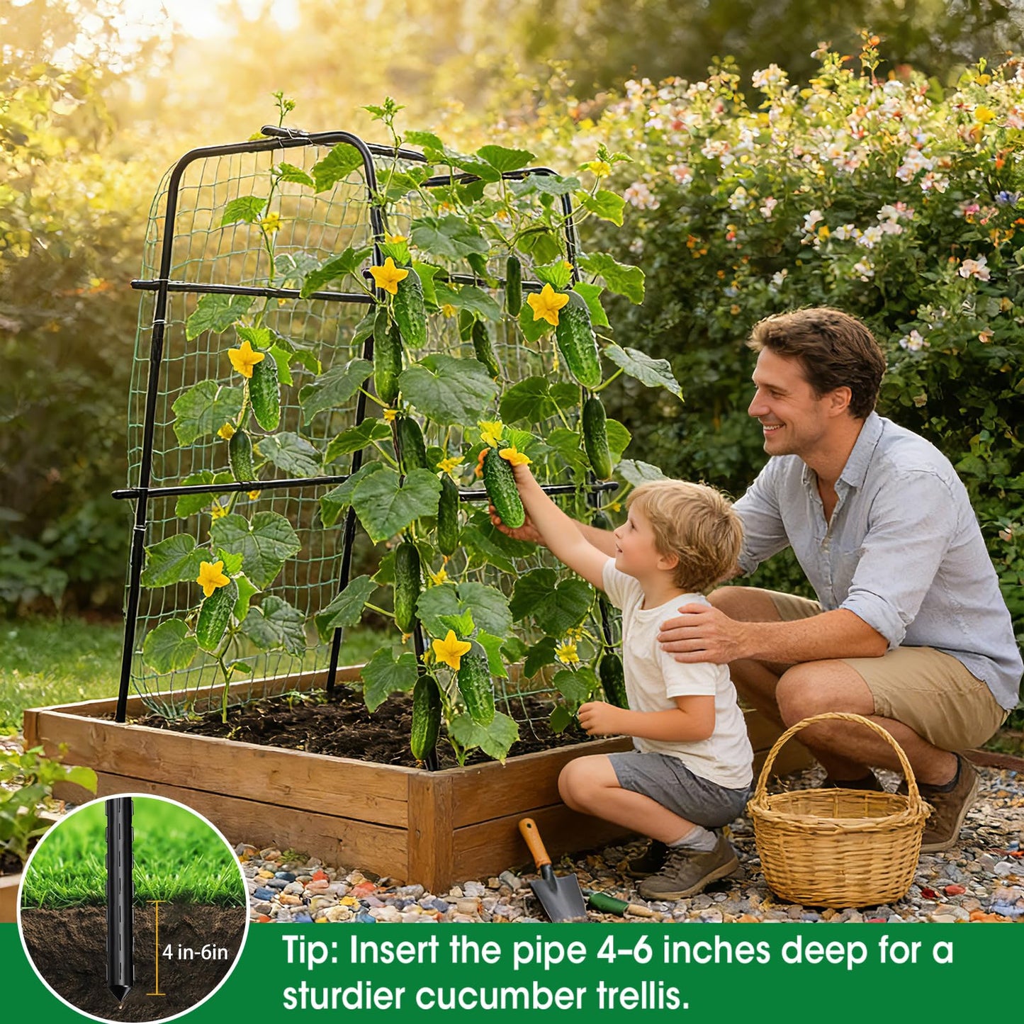 Cucumber Trellis for Raised Bed and Garden, 47" H x 31" W U-Shaped Metal Garden Trellis for Climbing Plants with Nylon Netting, Vegetable Support Frame