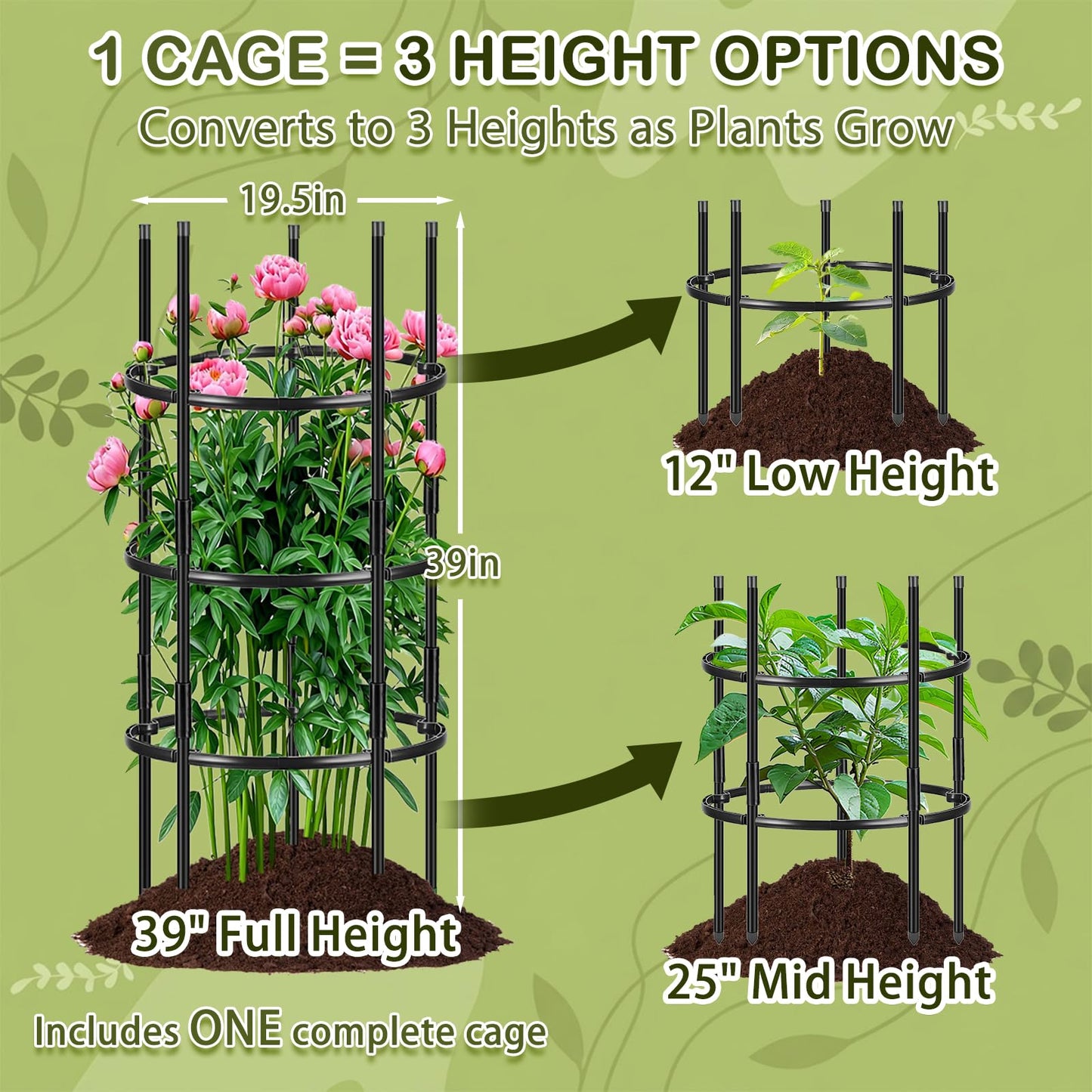 ComfyKit 19.5" D x 39" H Peony Plant Support Cage, 3 Tier Stackable Plant Support Ring, Metal Core with PVC Coated Stakes, Garden Plant Support for Peonies Tomatoes and Climbing Plants