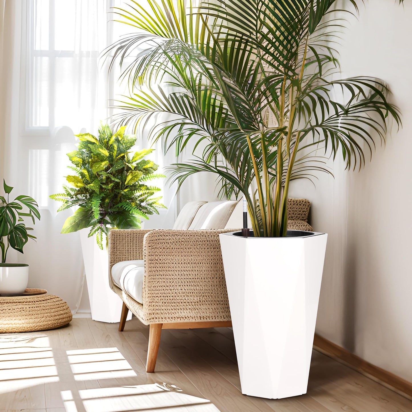 STMHOM 22.4 Inch Tall Planters for Outdoor Indoor Plants Set of 2, Tapered Large Flower Pots with 2 Trays and a Water Level Monitor Planter Pots, Plant Pot for Patio, Balcony, Lounge