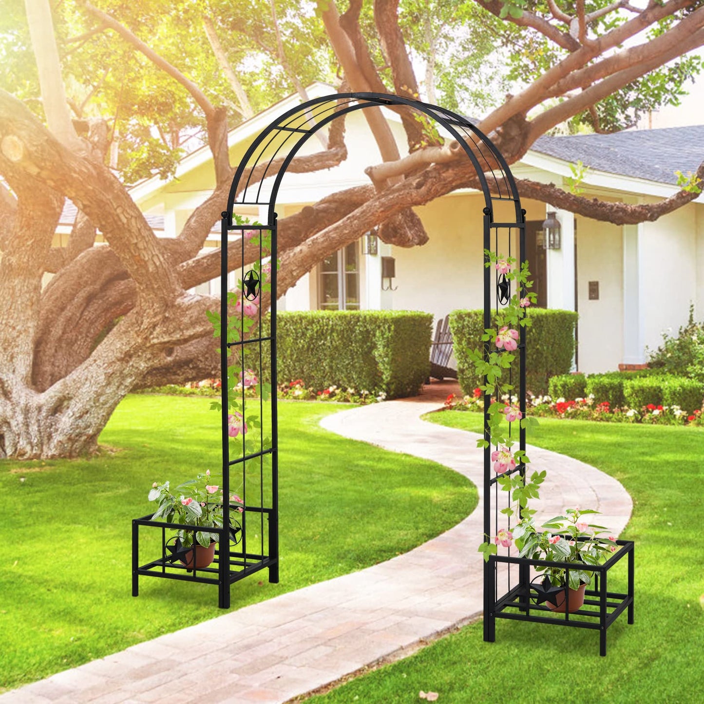 Kinfant Steel Garden Arch Arbor with Planter Boxes – Heavy-Duty Outdoor Trellis for Climbing Vines, Flowers, Decorative Arch for Wedding Ceremony, Party, Backyard, Lawn