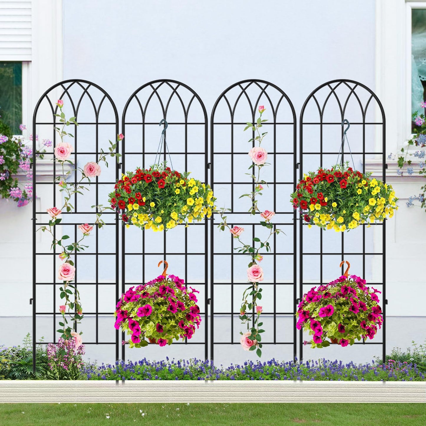 SUNYRISY 4Pack Metal Garden Trellis for Climbing Plants Outdoor, 71x20in Metal Plant Support for Flowers Tomato Cucumber Rose Vegetable Garden Courtyards Lawns Decoration, Black