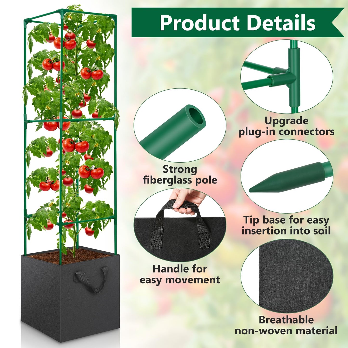 LifeisLuck 2 Pack Tomato Cages for Garden, 49 Inch Tall Tomato Cage with 7 Gallon Planter Bags, Plant Support Trellis Frames for Garden Cucumber Vegetables Plants Climbing Outdoor Indoor