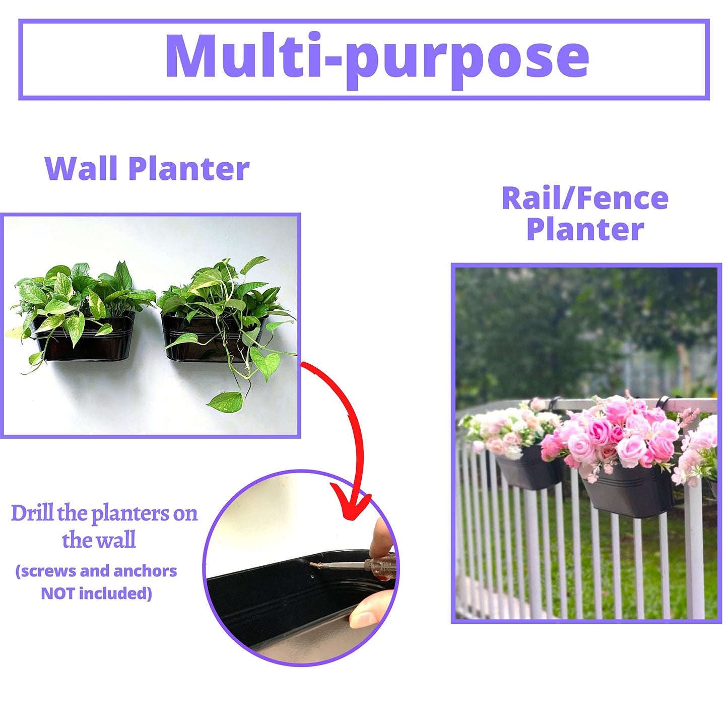 LaLaGreen Outdoor Rail Planter (11.8 Inch, 4 Pack) Black Metal Iron Hanging Flower Pots Deck Railings Fence Buckets Modern Countryside Boho Style Wall Mount Window Box Plant Holder Hooks Porch Decor