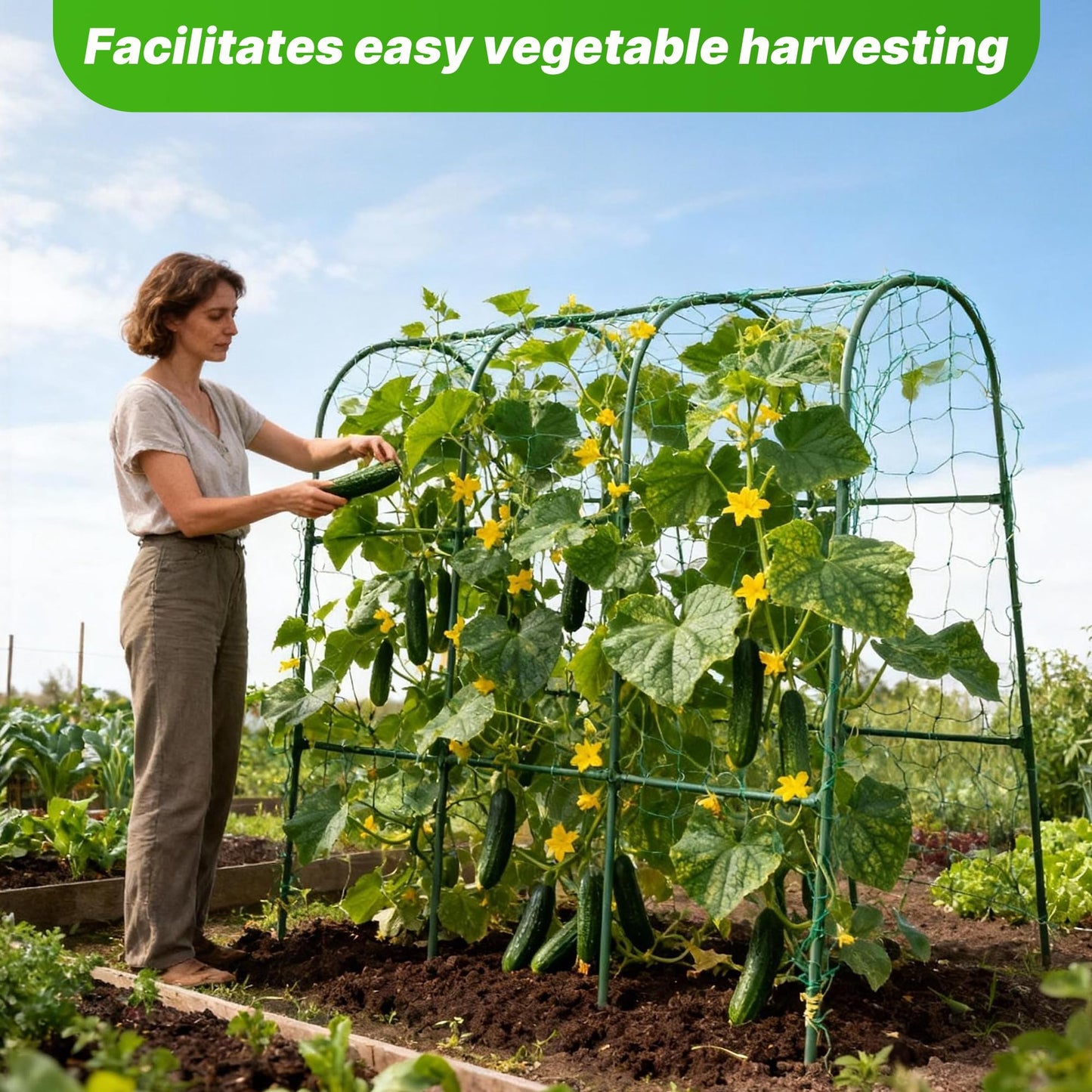 Cucumber Trellis for Raised Garden Bed,U-Shape Plant Support Metel Trellis for Climbing Plants Arch Trellis with Netting for Outdoor Cucumbers, Tomatoes, Vine Climbing Plant(63''X32''x47.2''(LxWxH))