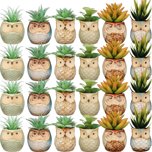 Nitial 24 Pack Owl Succulent Plant Pots Mini Small Ceramic Pots with Drainage Hole Cute Planters for Plants, Plants Not Included, Home Office Desk Garden Gift Ideas, 2 Size