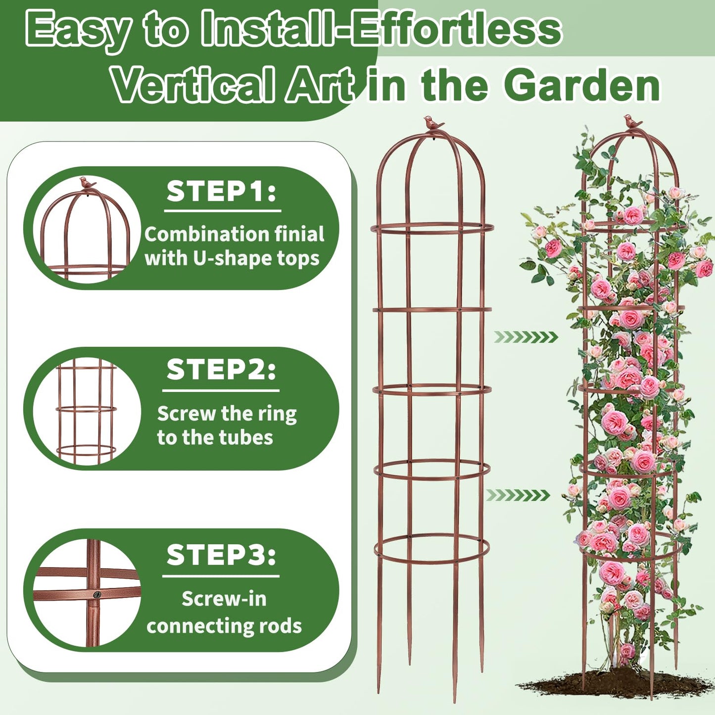 HEYTIMI 1 Pack 7Ft Heavy Duty Metal Garden Obelisk Trellis for Climbing Plants, Rust-Resistant Steel Vine Support Bird Finial for Rose Clematis, Potted Flowers Stand Indoor Outdoor Decor (Rose Gold)