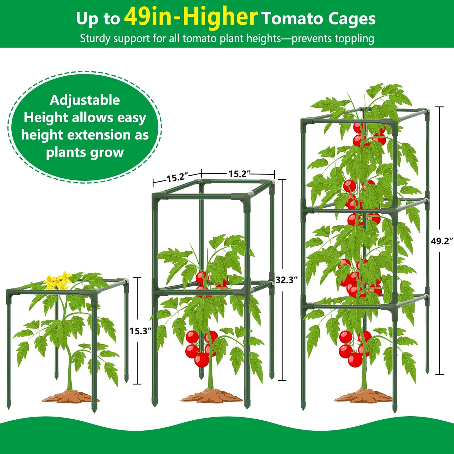 6 Pack Square Tomato Cages, 49.2" Large Upgraded Heavy Duty Steel Tomato Trellis Stakes, Garden Plant Support Cages Kit for Raised Garden Bed, Cucumber Trellis Vegetables and Climbing Plants