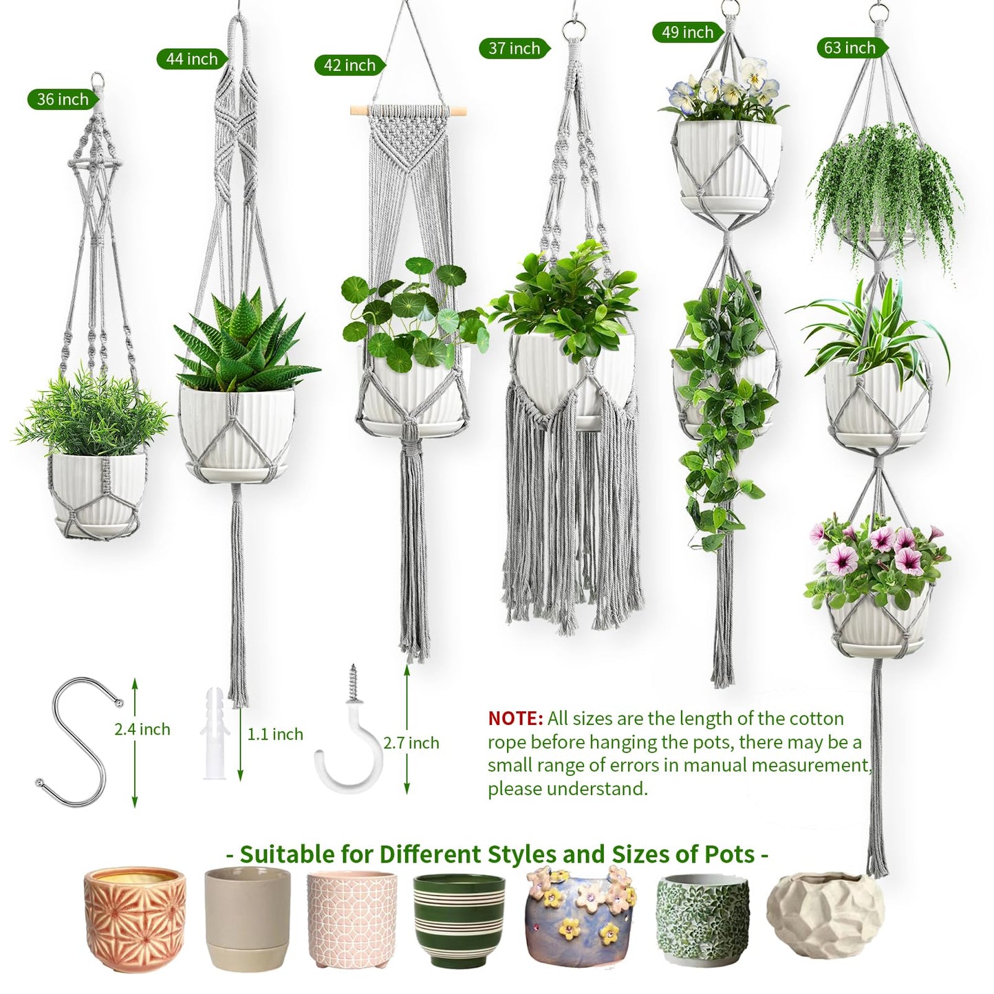 Macrame Plant Hangers, 6Pack Hanging Plant Holders Indoor w/ 6 Set Hooks Handmade Cotton Rope Plant Hangers Set Flower Pots Holder Stand Boho Home Decor Hanging Planters for Indoor Outdoor Plants