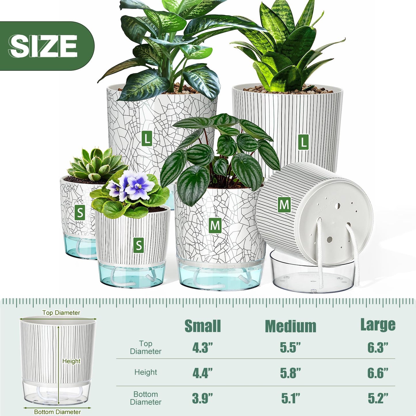 Samhe Self Watering Pots for Indoor Plants, 4/5.5/6.3 Inch Plant Pots Indoor Outdoor with Drainage Holes, Deep Reservoir, Plastic Self Watering Flower Pots