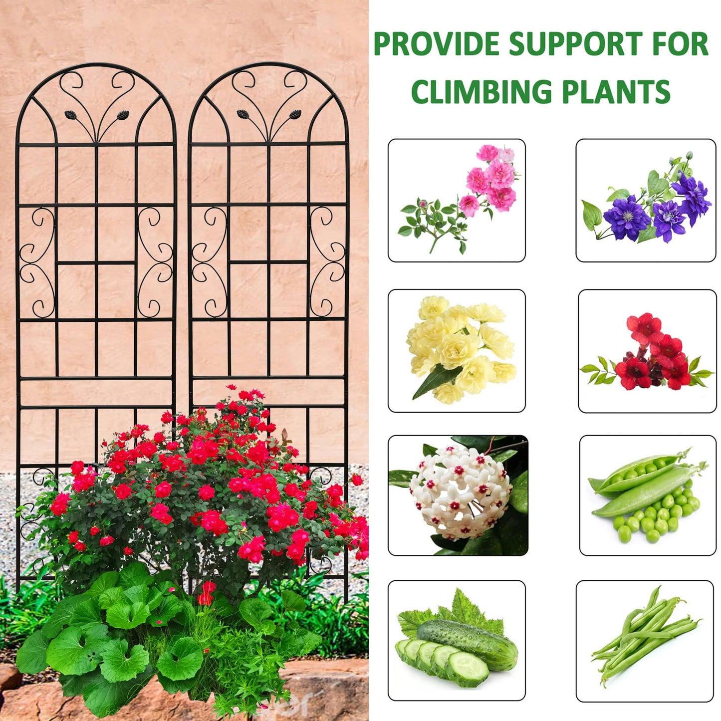 4 Pack Metal Garden Trellis 86.7" Tall Outdoor Climbing Plant Support for Roses, Flowers, Rustproof Durable Black Galvanized Tube, Lawn Garden Fence Decor Screen (4, Black curves-86.7" H)