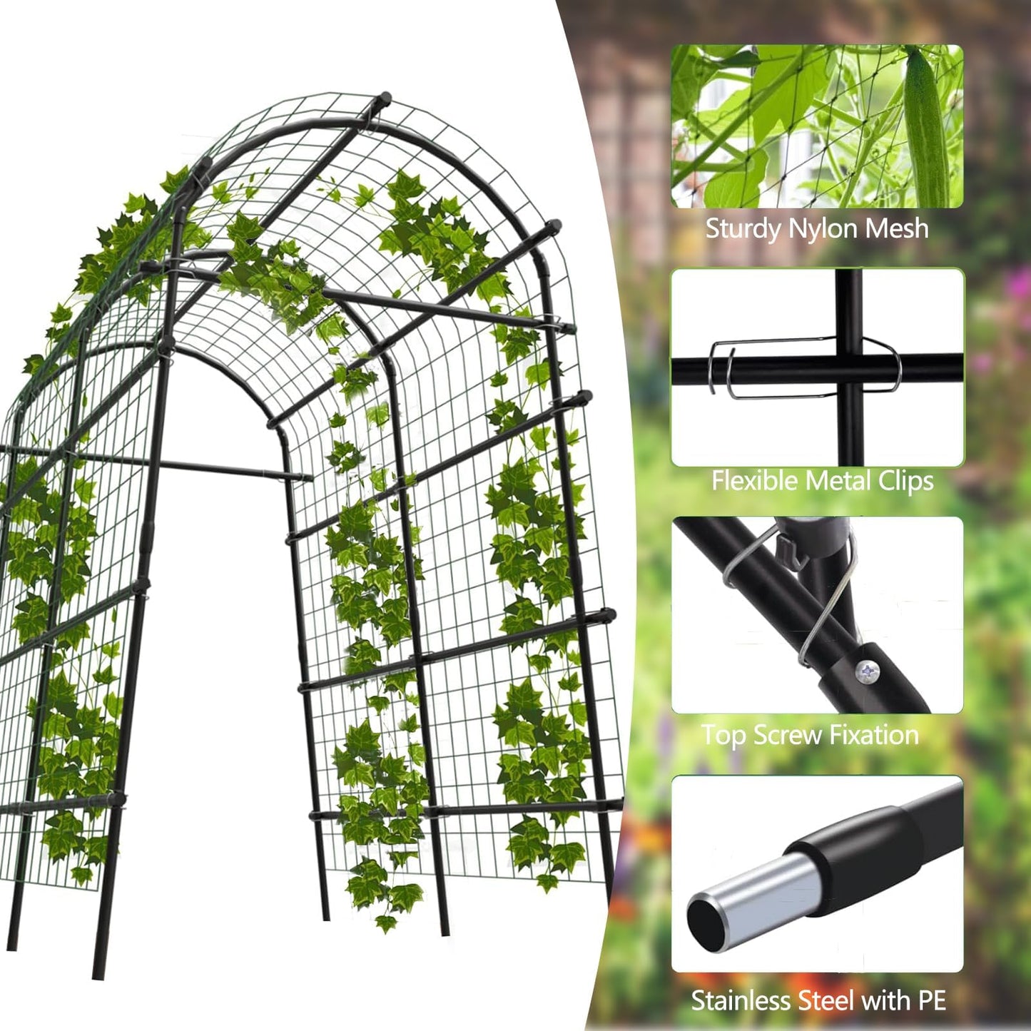 7.3 ft Metal Garden Arch Trellis, Plant Support for Raised Beds, PE and Iron Trellis for Cucumbers and Climbing Vegetables