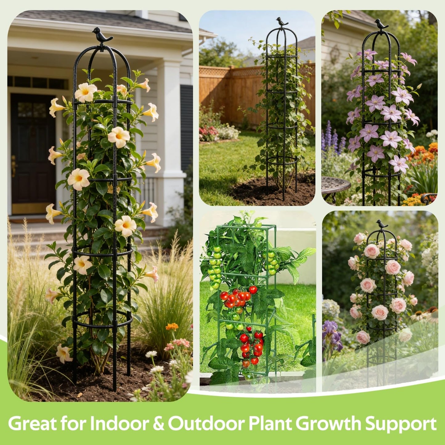 Jesosia 2 Pack Obelisk Trellis for Climbing Plants Outdoor - Heavy Duty Plastic Coated Steel Garden Arch Metal Trellis - Rustproof Tomato Cage Vertical Plant Support for Vines Vegetable Flower Indoor