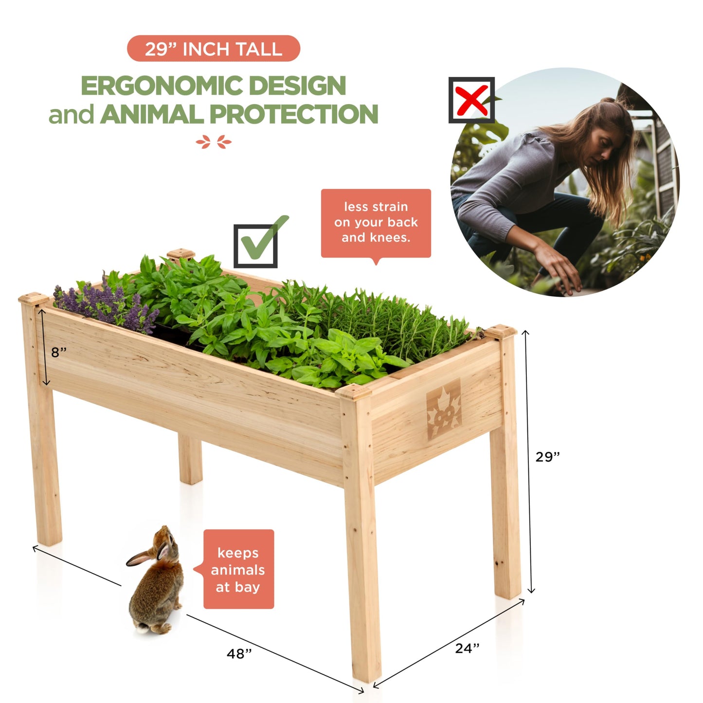 Maple99 Raised Garden Bed with Legs 48x24x30 - Natural Cedar Wood Elevated Planter Box with Bed Liner for Flowers, Veggies, Herbs - 200lb Capacity