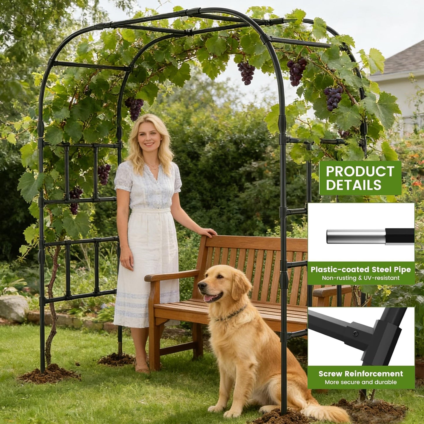 87in H Tall Garden Arch Trellis for Climbing Plants Outdoor, Large Plastic Coated Metal Cucumber Trellis Arbor Arch, Black Garden Archway Trellises Decoration for Lawn, Patio, Backyard