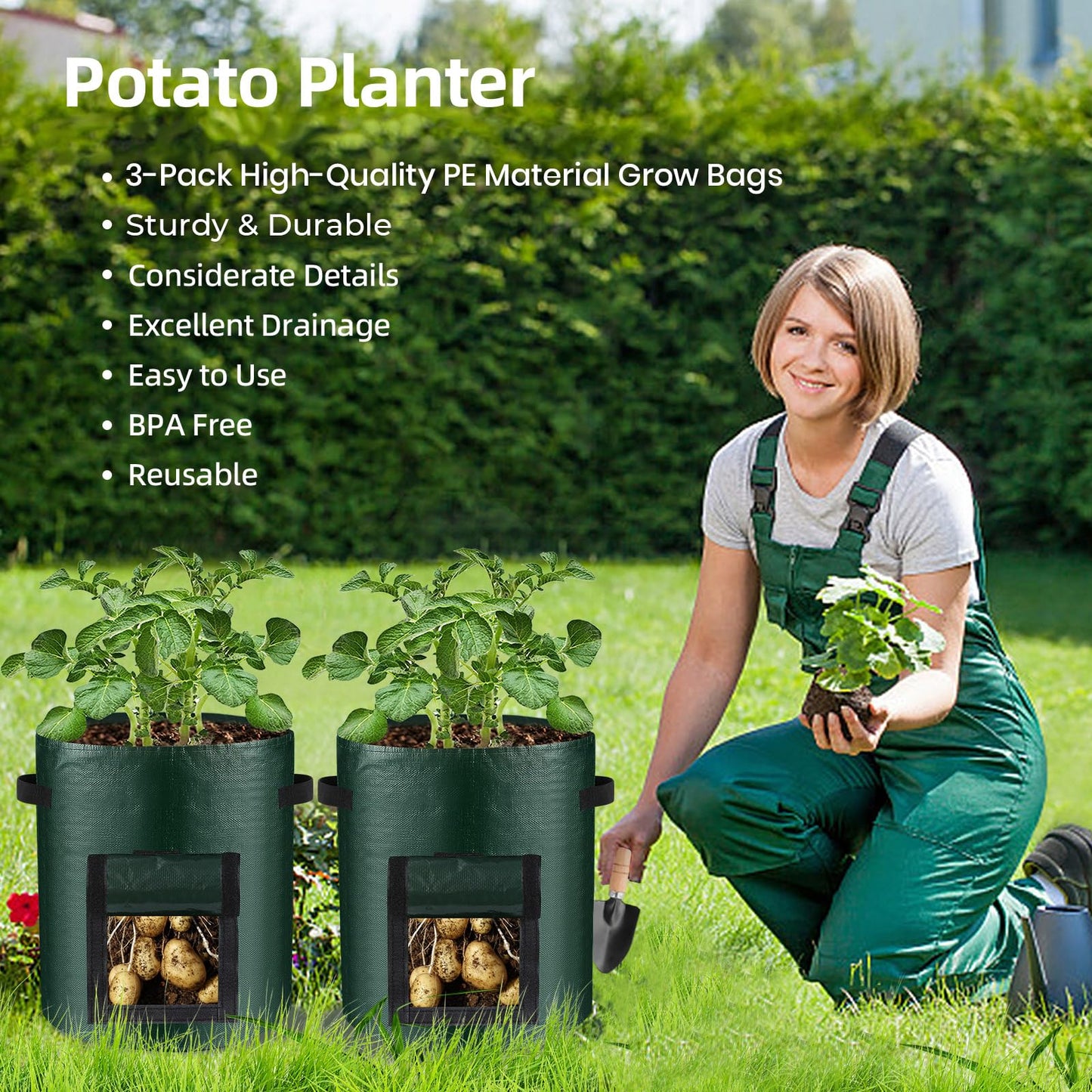 BIJOKETTEN 10 Gallon 3-Pack Potato Grow Bags, Heavy Duty PE Fabric Pots with Flap and Handles, Green Planter Bags for Potato Vegetables Outdoor Garden, 17.7''x13.8'' Large for All Plants Growing