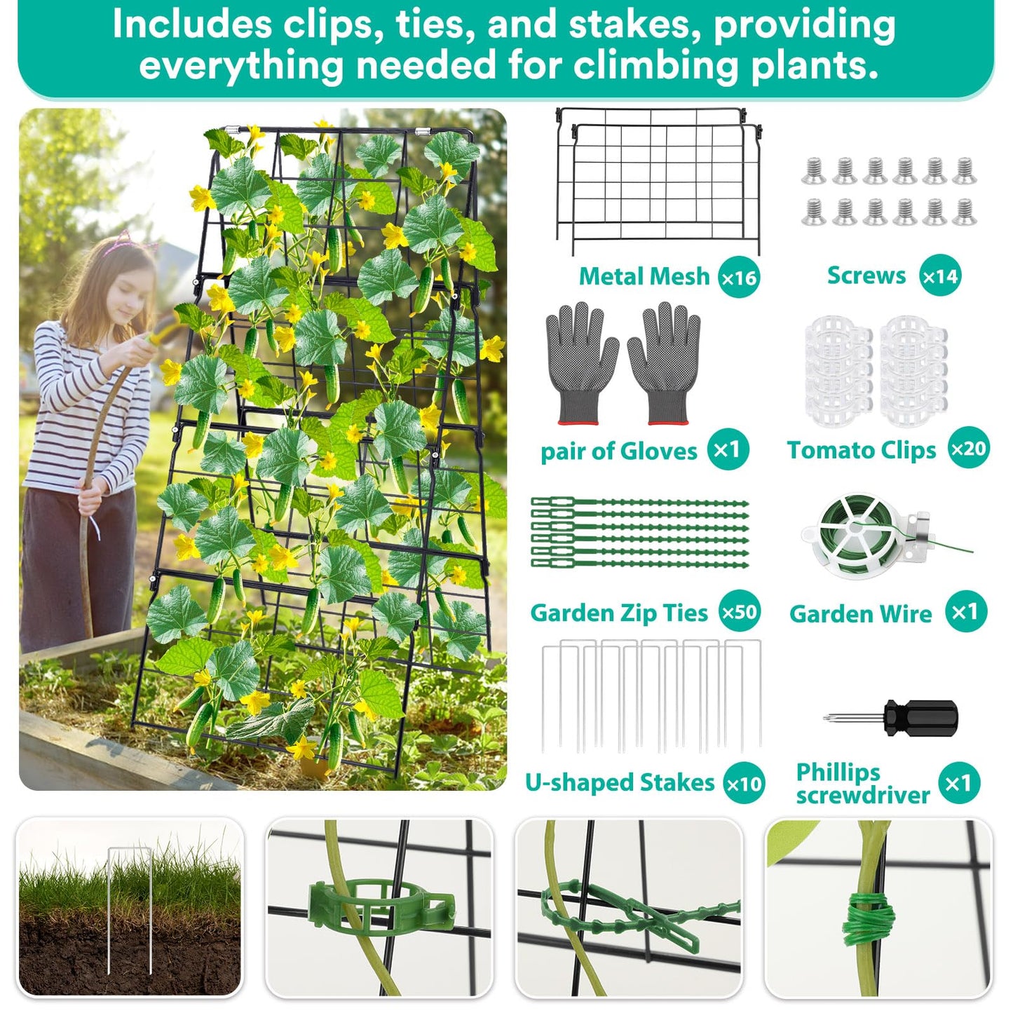 2Packs 17 x 42 Inch Garden Trellis for Raised Beds Foldable Climbing Plant Support Cucumber Trellis Outdoor A-Frame Metal Vegetable Bean Trellis with Garden Supplies for Grape Tomato Peas Flower