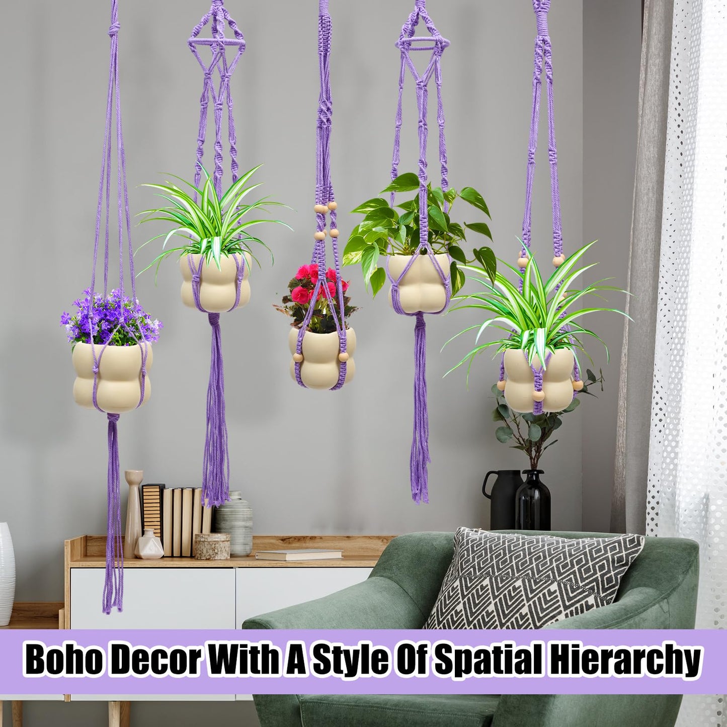 Hoteam 12 Pcs Macrame Plant Hangers Macrame Hanging Planters for Indoor Plants Handmade Boho Hanging Baskets Flower Pots Holder for Outdoor Home Wall Decor (Purple)
