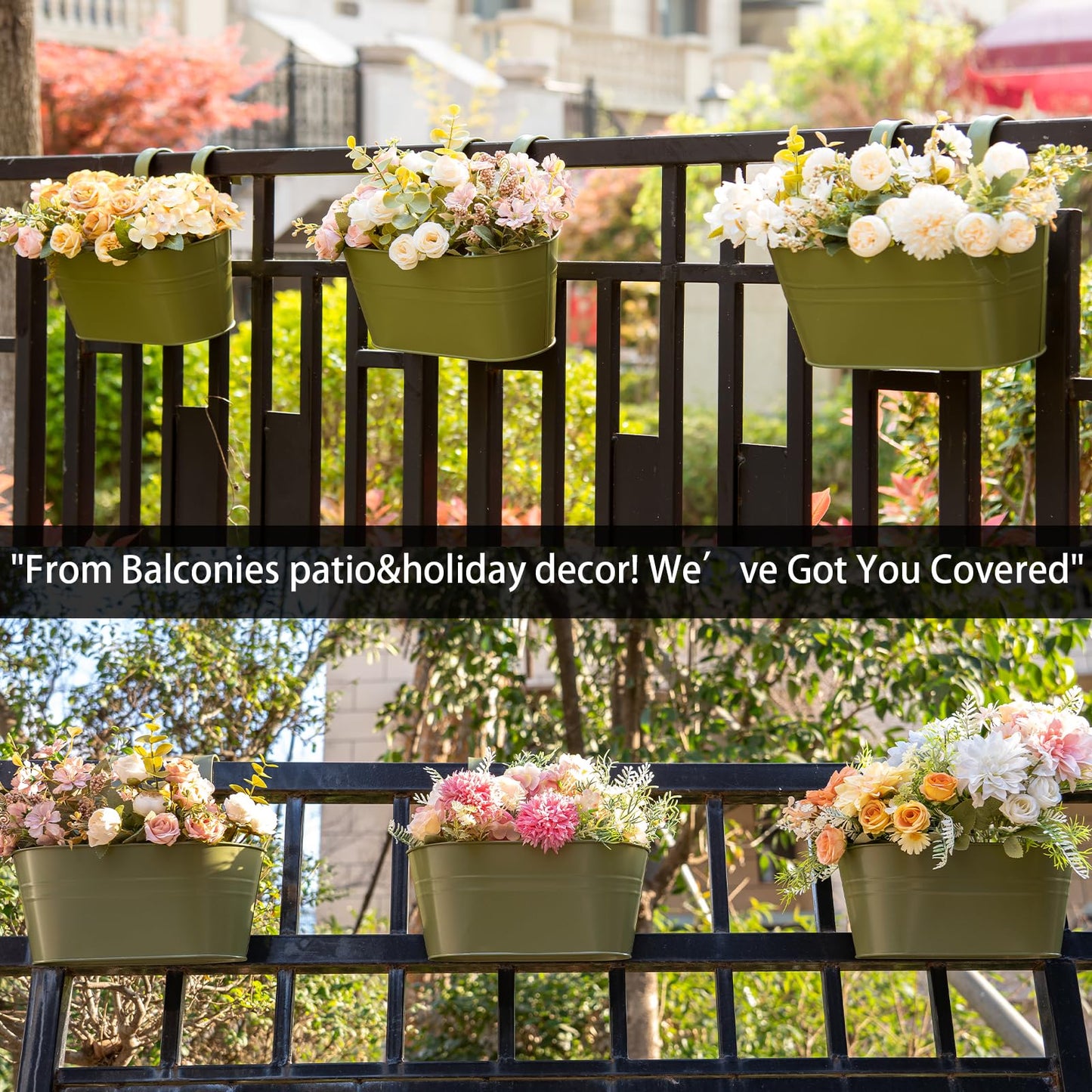 pansparade 3 Pack Metal Hanging Flower Pots for Railing Fence，Outdoor Balcony Rail Planter with Detachable Hooks Drainage Holes for Deck Garden Home Decor Green