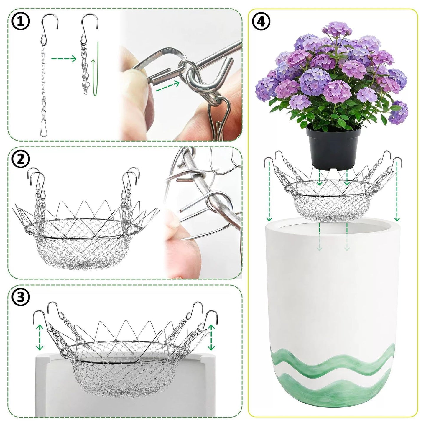 Adjustable Planter Inserts for Tall Planters Large Pots, 4 Hooks Fits in The Top Openings, Chain Planter Filler Elevate Plants, Plant Hanger for Outdoor Indoor Flower Potted