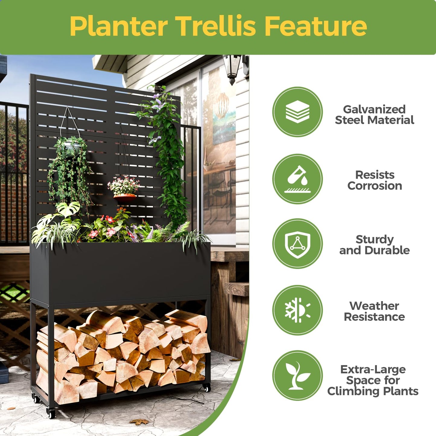 Diyfire Metal Planter Box with Trellis, 67"x35"x16"Metal Raised Garden Bed with Drainage Holes, Raised Garden Beds Outdoor, Privacy Planters Trellis for Climbing Plants, Patio,Garden, Wheels, Black