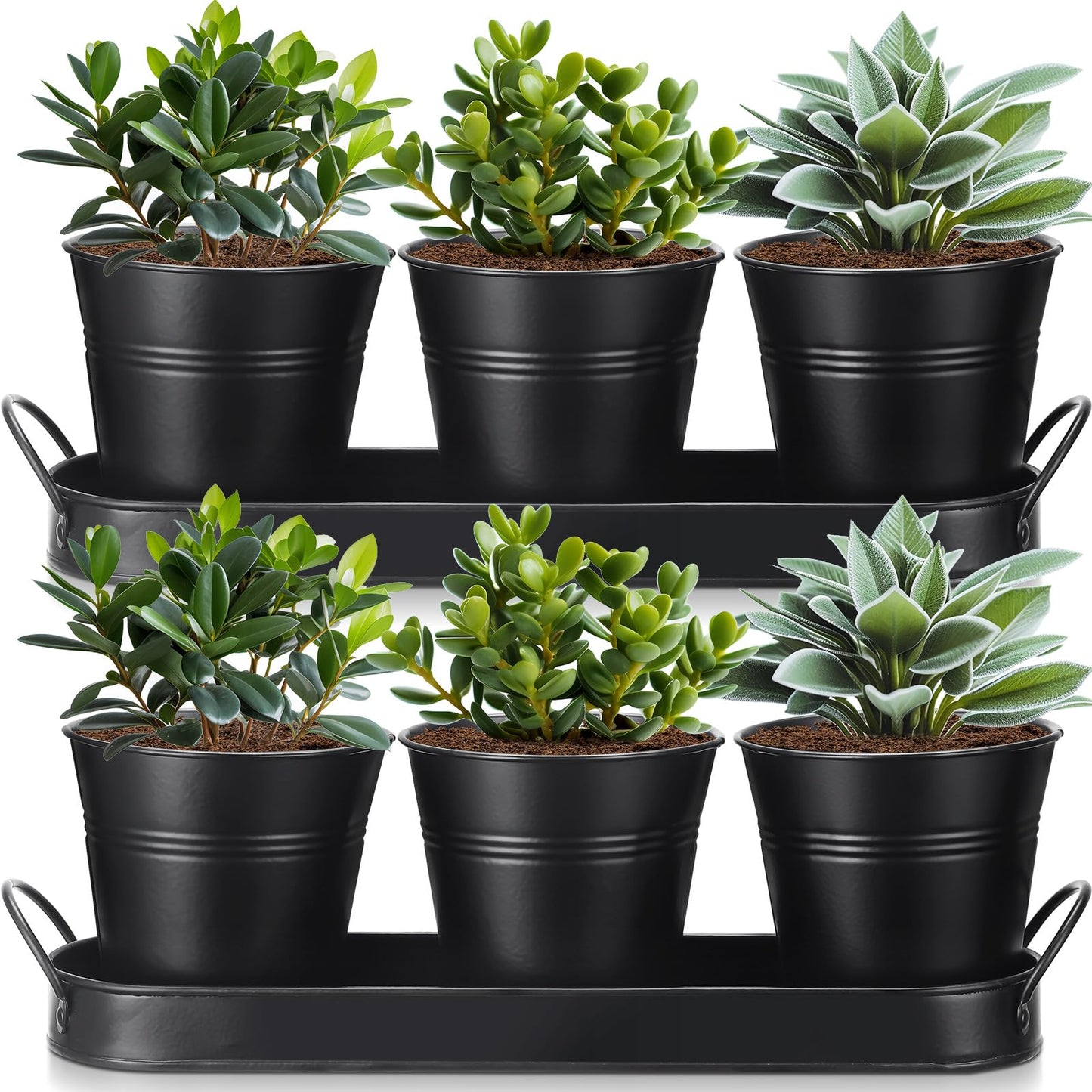 Hicarer 2 Sets Herb Planter with Tray Metal Herb Garden Planter with Drainage Farmhouse Windowsill Pots for Indoor Plants Flower Succulent Outdoor Kitchen Apartment Balcony Window (Black)