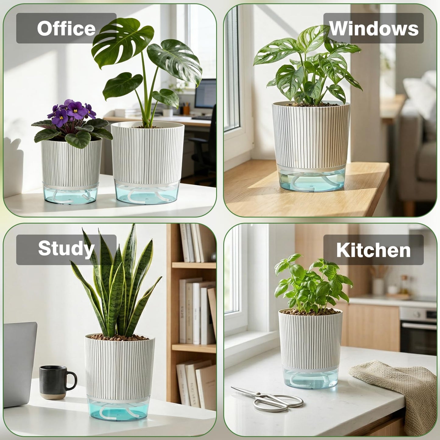 Samhe 4 Pack Self Watering Pots Set, 4+5.5 Inch Self Watering Pots for Indoor Plants, Planter Pot with Wick Rope and Reservoir for African Violet, Spider Plant, Orchid