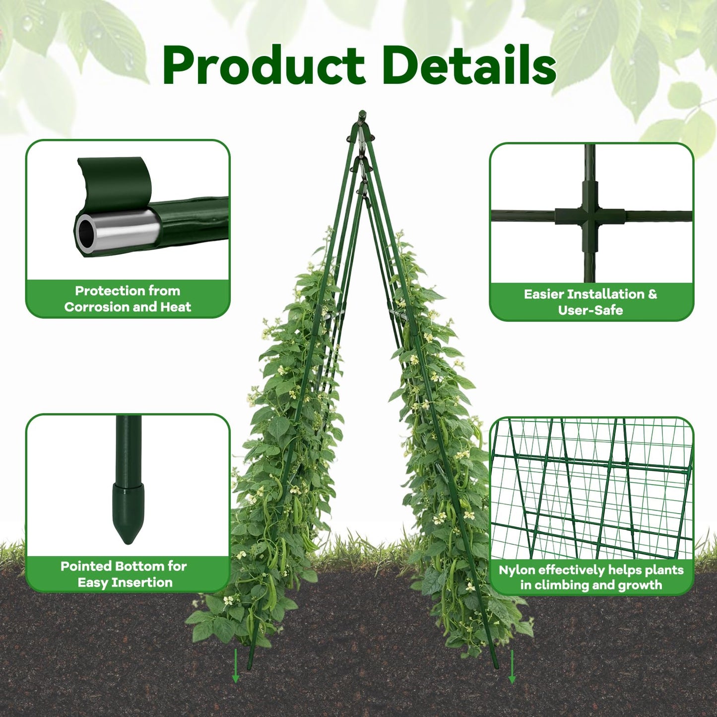 Trellume Cucumber Trellis - 49.4"*49.4" Metal Garden Trellis for Climbing Plants, Garden Trellis with Plastic-Coated Steel Pipe, A Frame Trellis for Cucumbers, Peas, Morning Glories(Green)