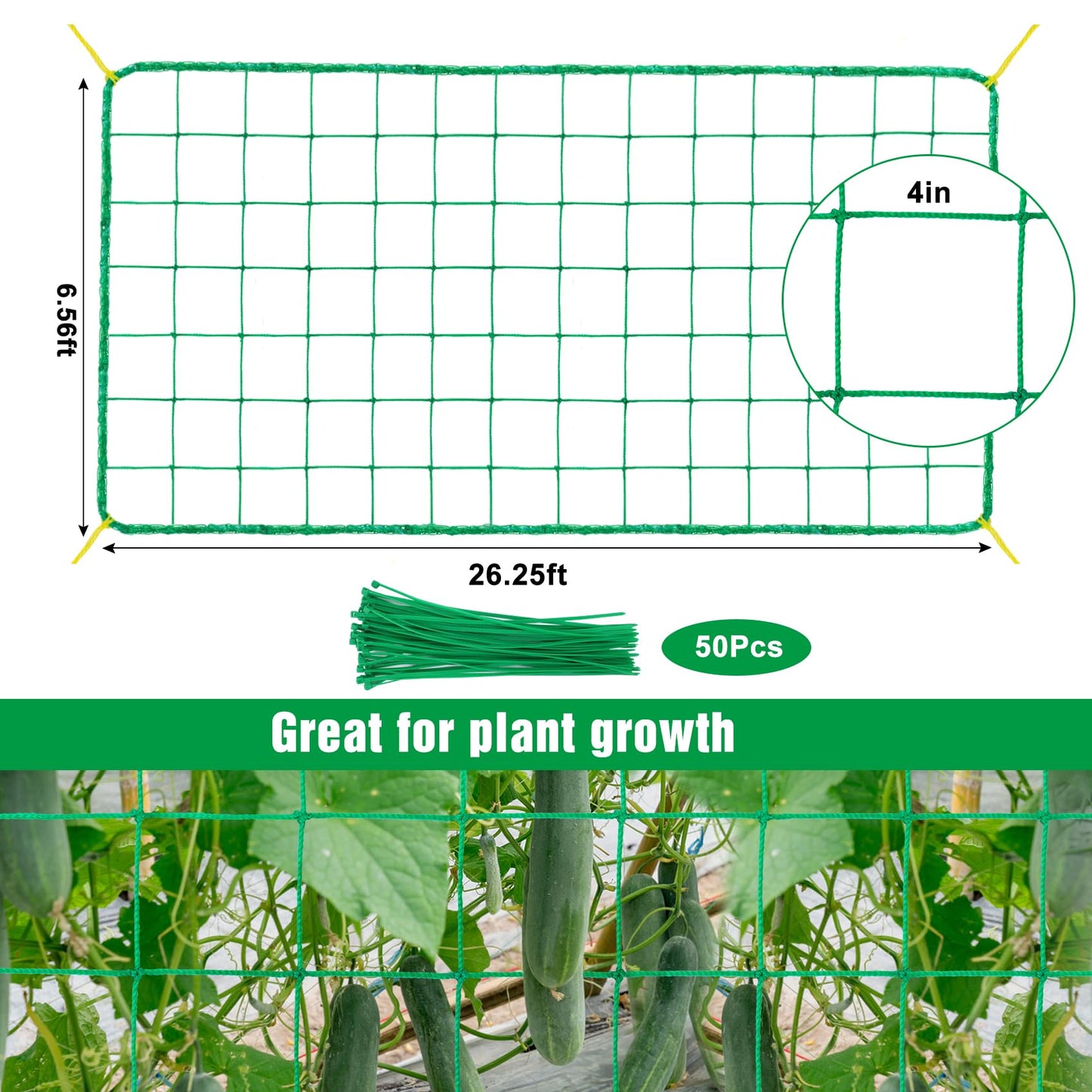 Unves Trellis Netting, 26.2 x 6.6 Ft Garden Trellis for Climbing Plants, 27 Strands & 4x4 Inch Mesh Plant Net for Tomato, Cucumber, Heavy Duty Net for Vegetables, Fruits, Grapes, Bean