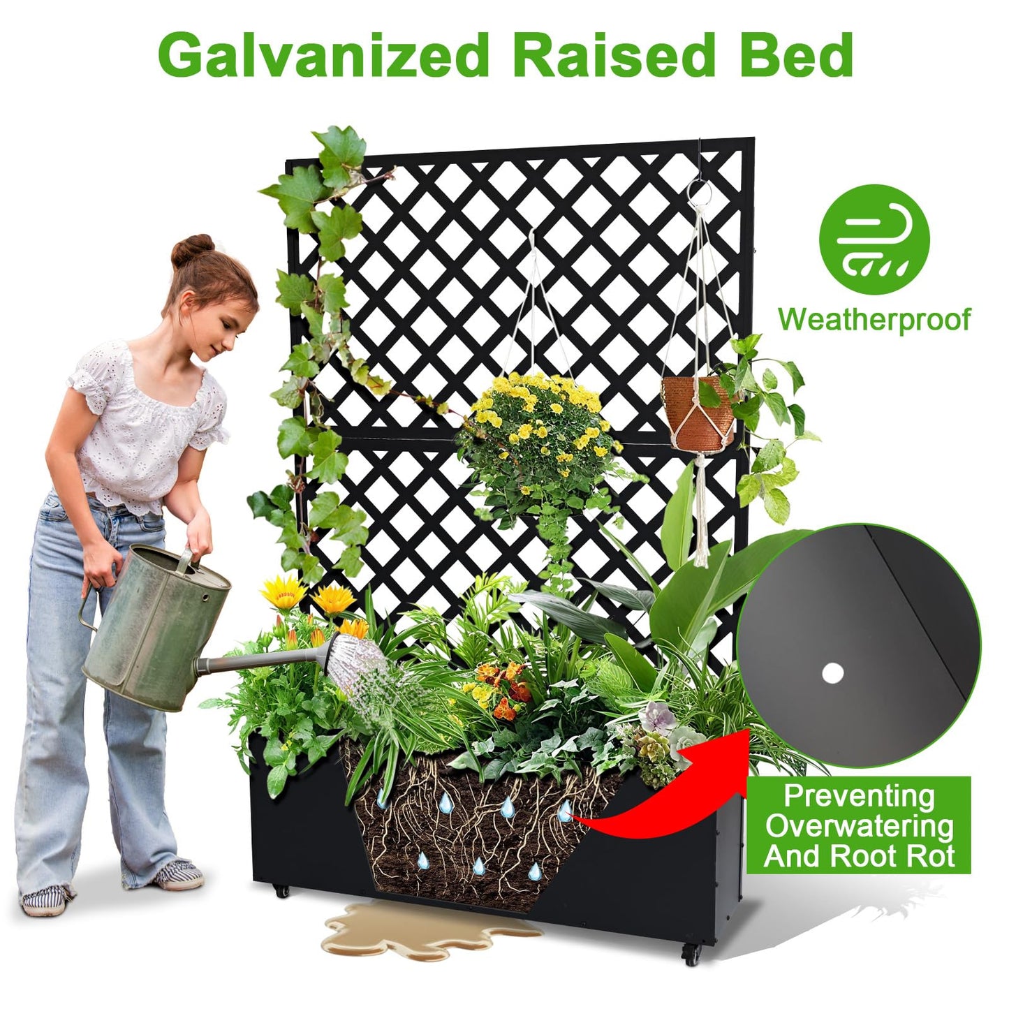 SierraSquad 70.9" x 46.5" x 11.8" Metal Raised Garden Bed with Trellis – Galvanized Planter Box with Drainage Holes & Privacy Screen for Patio, Balcony, Outdoor – Black