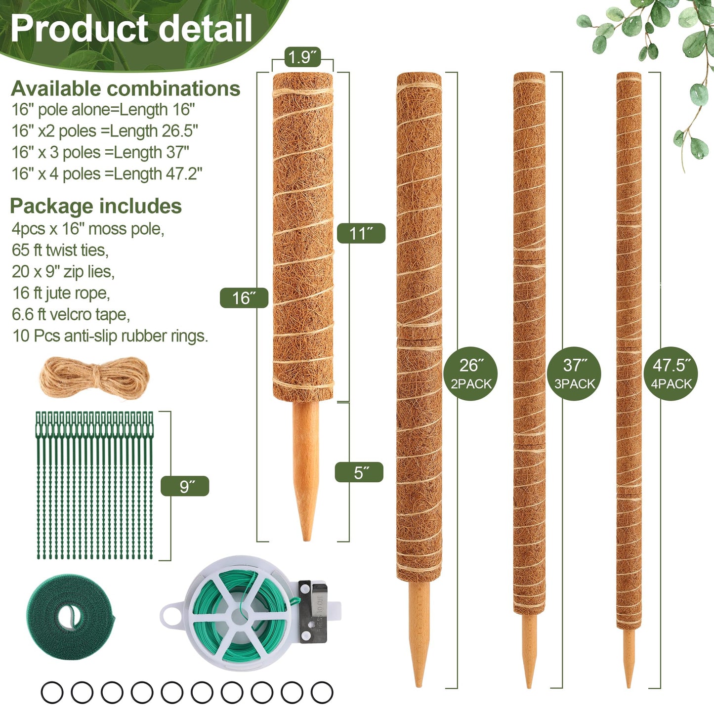 48 Inch Monstera Plant Support, 4 Pack 16 inch Moss Pole for Monstera & Climbing Plants Coco Coir Plant Support, Plant Ties Included