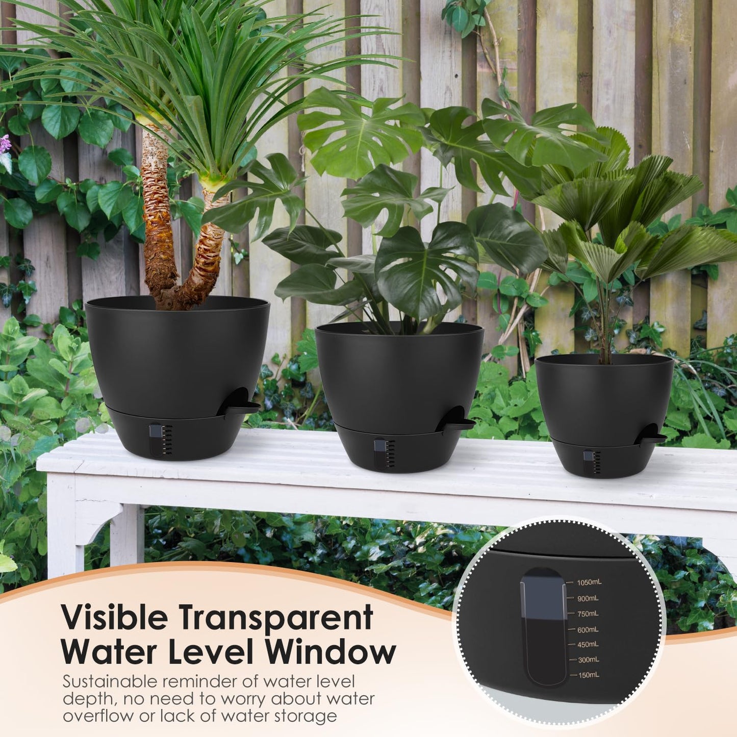 QRRICA Self-Watering Plant Pots with Water Level Indicator, Drainage Holes & Saucers – 12/10/9 Inch Large Plastic Planter Set for Indoor & Outdoor Plants (Pure Black)