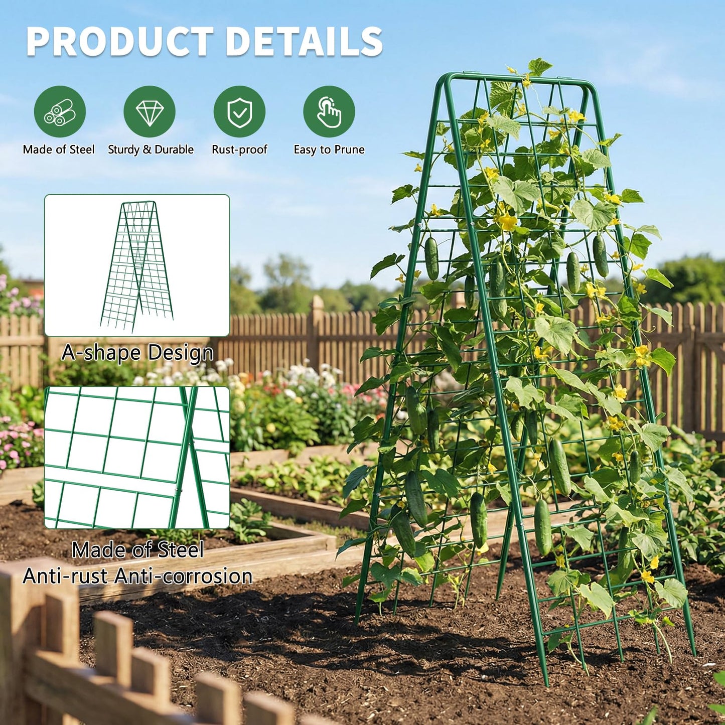 UrGROWA 2 Pack Cucumber Trellis, 59" High Foldable A-Frame Garden Trellis for Raised Bed Garden Grow Support with Plant Support Clips Ties for Cucumber,Tomato, Climbing Plants and Flowers