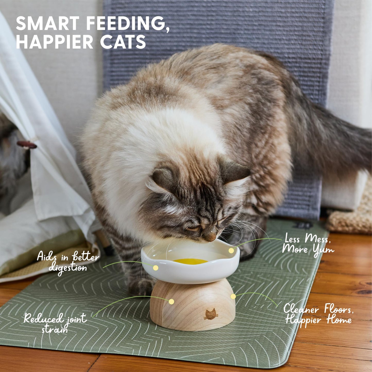 The Cat Ladies Egg Cat Food Bowl - Cute Cats Bowl - Elevated Ceramic Food Bowls - Ceramic Raised Food Bowls - Elevated for Spinal Alignment - Prevents Whisker Fatigue - Wood StandCat Bowl