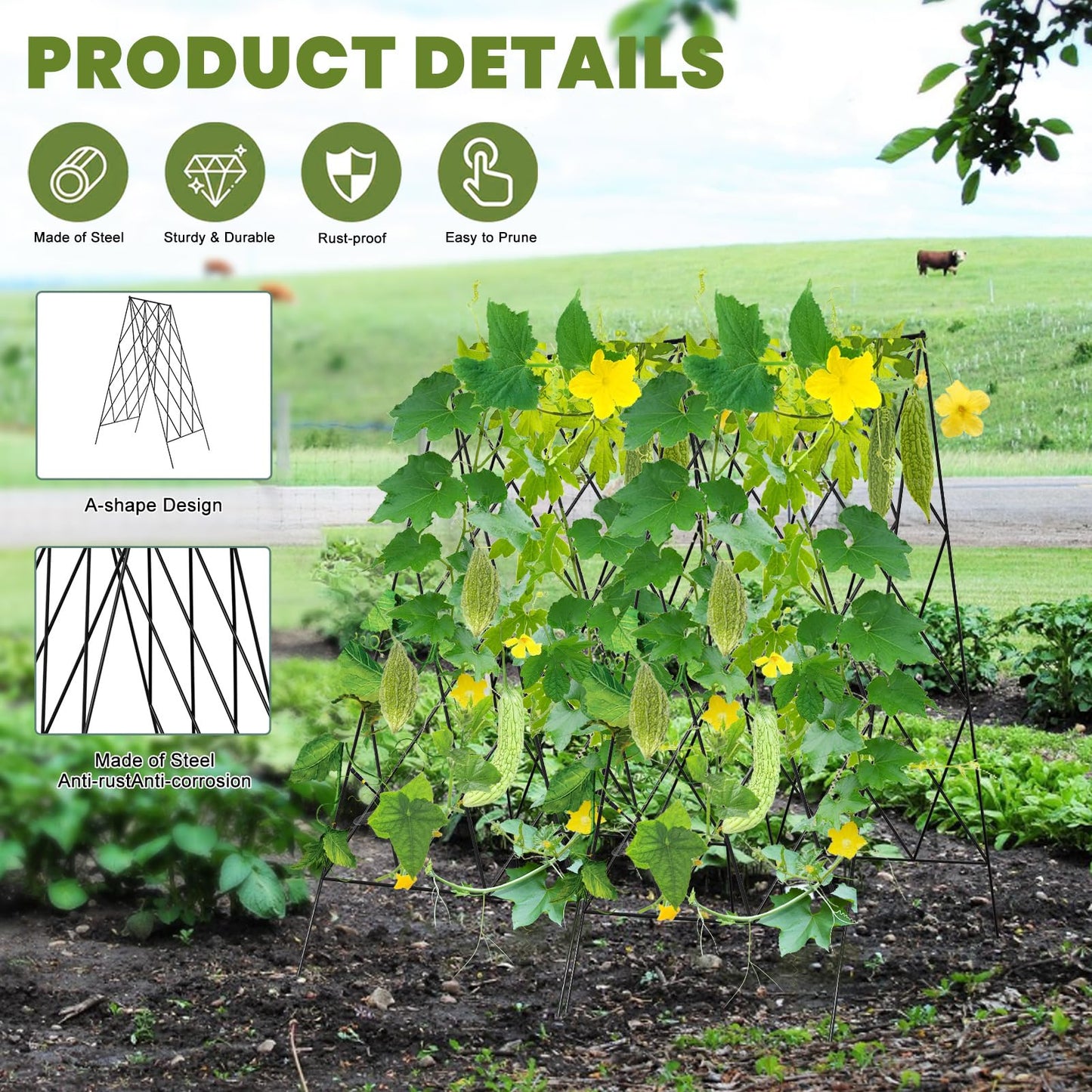 UrGROWA Cucumber Trellis 2 Pack, Foldable A-Frame Garden Trellis for Raised Bed Garden Grow Support with Plant Support Clips, Twist Ties, Plastic Ties, for Cucumber,Tomato, Climbing Plants and Flowers