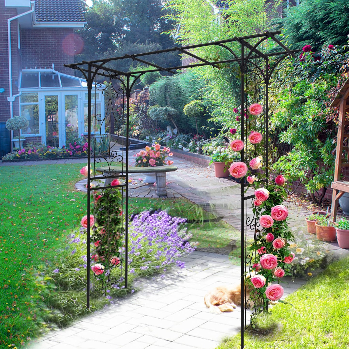 EPOFIT Metal Garden Arch, Garden Arch Trellis for Climbing Plants Outdoor, Garden Arbor for Weddings Party Events Decoration, 80" L X 20.5" W X 81" H, Black