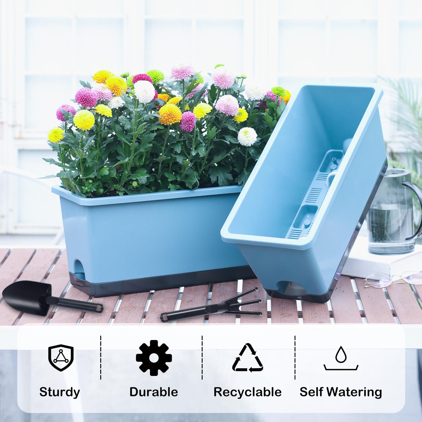 Oliz Window Box Planter 6 Pcs, 17 Inches Rectangle Flower Pots with Drainage Holes and Trays, Vegetable Planters for Windowsill Patio Garden Balcony Indoor Outdoor (Blue, 17 * 7.4 * 7.8 inch)
