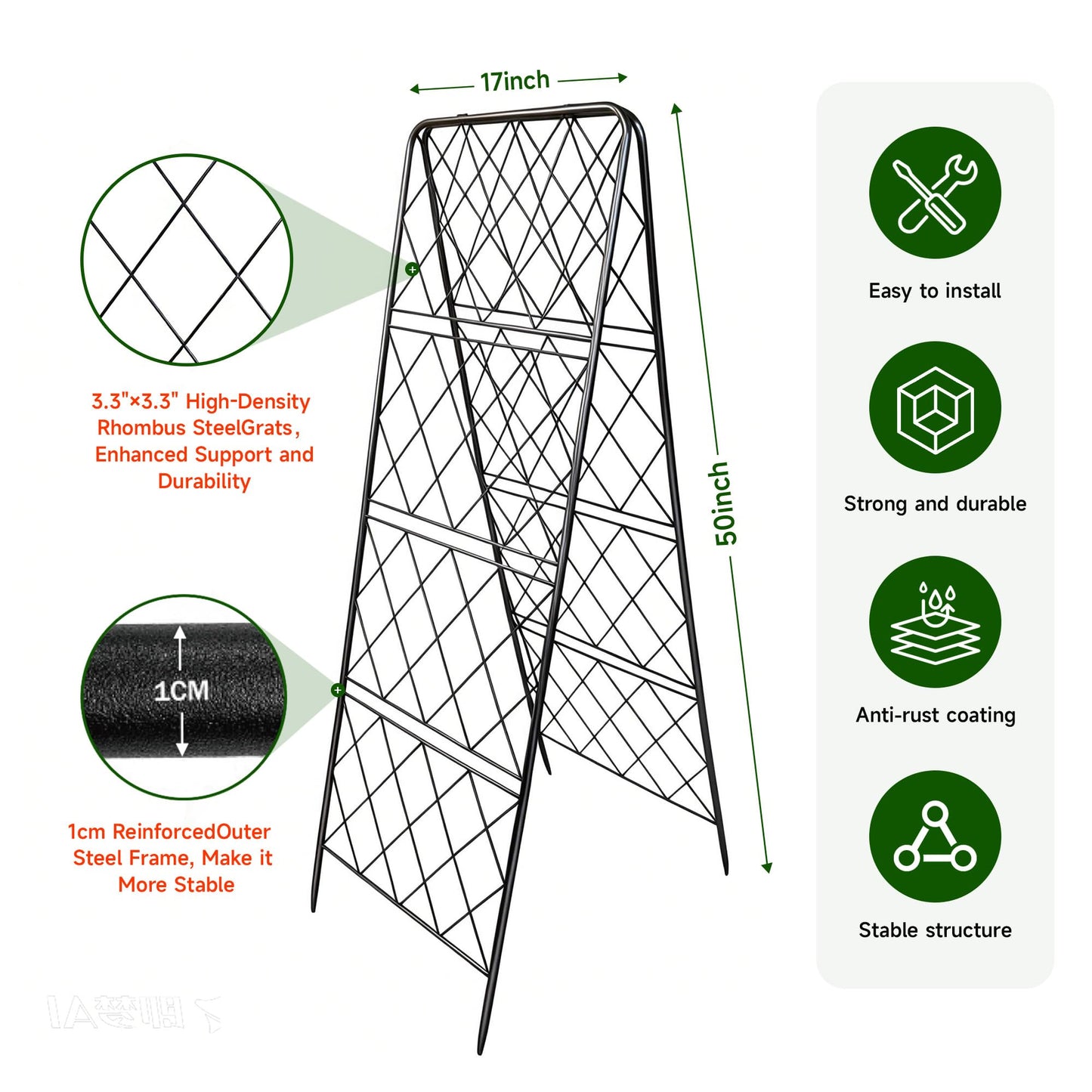 50"x17" Heavy Duty Metal Garden Trellis - Rust-Proof A-Frame Cucumber Trellis with High-Density Rhombus SteelGrats for Climbing Plants, Tomatoes & Raised Beds, Outdoor Use (2 Pack)