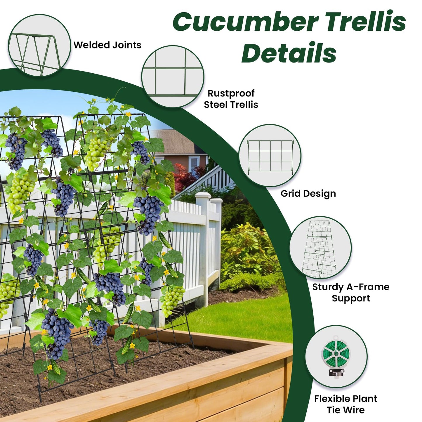Adjustable A-Frame Trellis for Climbing Plants Outdoor, 48"x32" Cucumber Trellis for Raised Bed, Metal Garden Trellis with Grid Design, Tomato, Grape, Bean, Pea, Squash, Vegetable Trellis (Black)